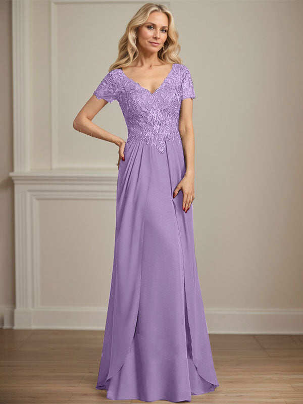 Vestido de gasa con encaje y escote en V hasta el suelo para madre de la novia