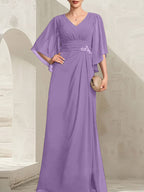 Vestido de gasa para madre de la novia, con escote en V, largo hasta el suelo, con lentejuelas plisadas y abalorios