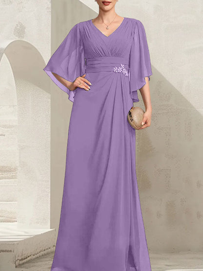 Etui-Linie/Säule V-Ausschnitt Bodenlang Chiffon Kleid für die Brautmutter mit Plissee Pailletten Perlenbesatz