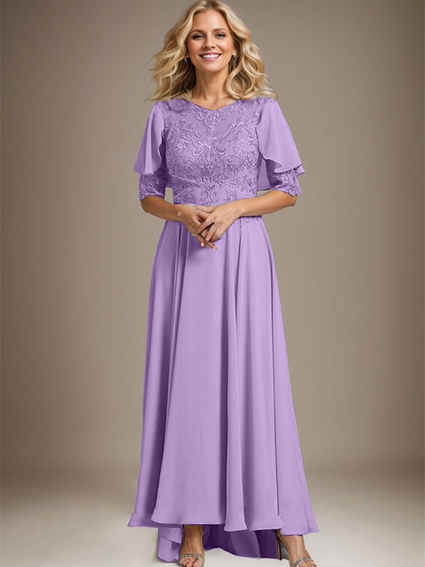 Vestido de madre de la novia de gasa asimétrica con encaje, ilusión, corte A y escote redondo con cuentas