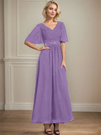 Vestido de gasa para madre de la novia con escote en V, largo hasta los tobillos, corte A y lentejuelas plisadas con cuentas