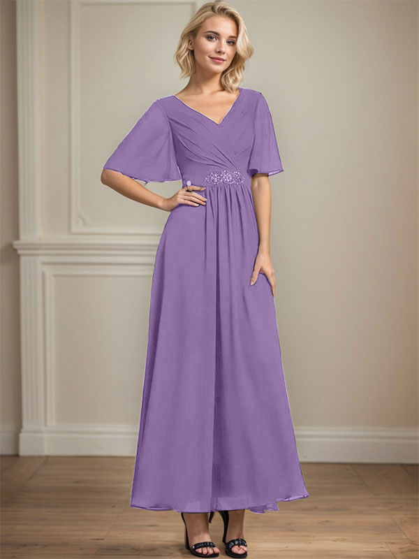 Vestido de gasa para madre de la novia con escote en V, largo hasta los tobillos, corte A y lentejuelas plisadas con cuentas