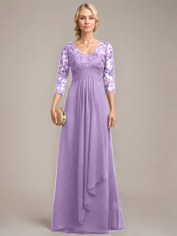 A-Linie V-Ausschnitt Bodenlanges Spitzen-Chiffon-Kleid für die Brautmutter mit kaskadierenden Rüschen und Pailletten 
