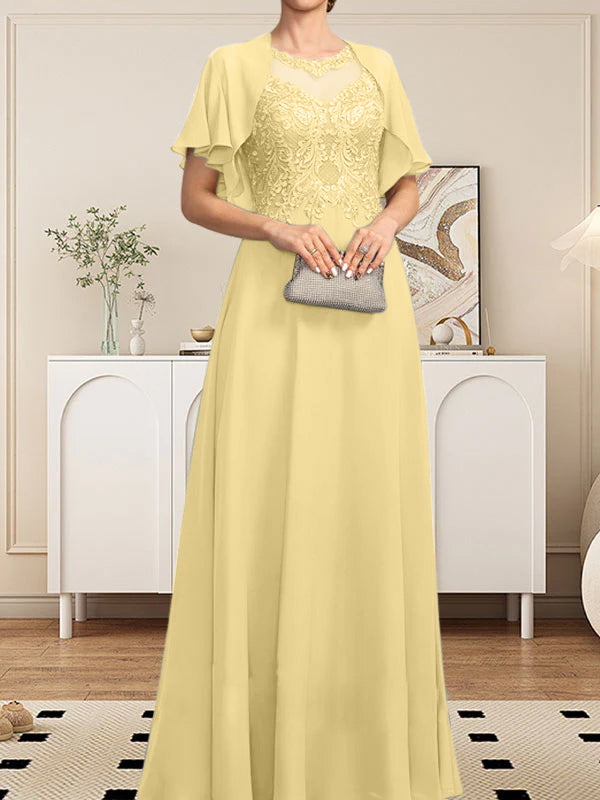 Vestido de gasa con encaje y lentejuelas para madre de la novia, corte A, escote ilusión, largo hasta el suelo