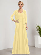 Vestido de madre de la novia de gasa con encaje, corte A, largo hasta el suelo, cuadrado y lentejuelas