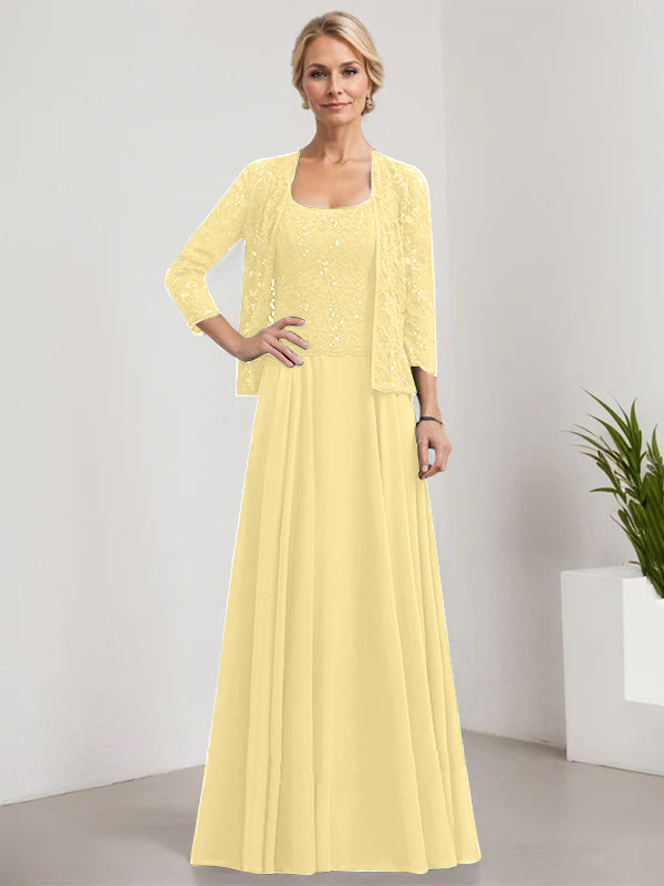 Vestido de madre de la novia de gasa con encaje, corte A, largo hasta el suelo, cuadrado y lentejuelas