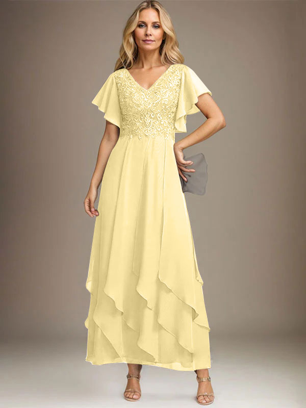 Vestido de gasa con encaje y escote en V hasta los tobillos para madre de la novia con volantes en cascada