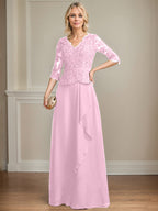 A-Linie V-Ausschnitt Bodenlanges Spitzen-Chiffon-Kleid für die Brautmutter mit kaskadierenden Rüschen und Pailletten 