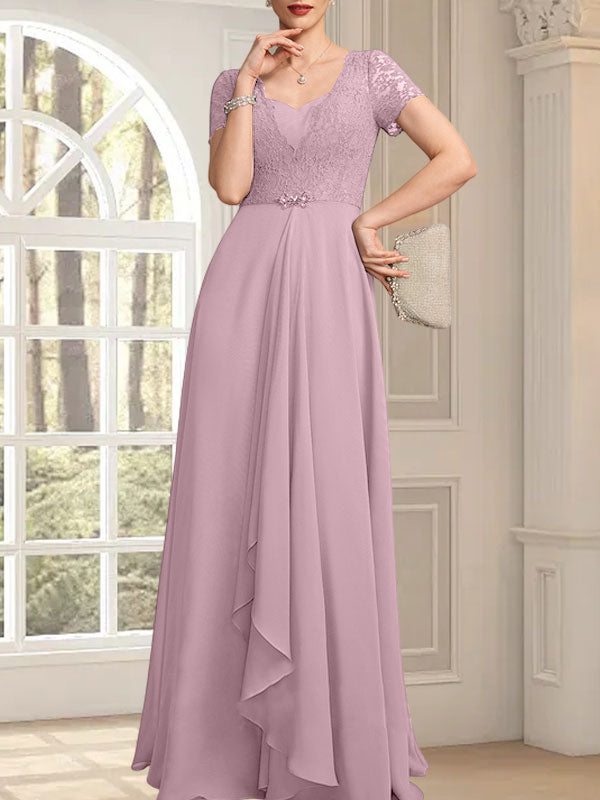 Vestido de madre de la novia de gasa con encaje, corte en A, escote corazón, largo hasta el suelo, con volantes en cascada y cuentas