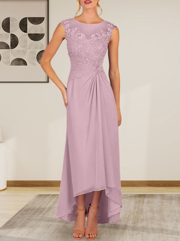 Vestido de gasa con encaje y escote redondo en forma de A color champán