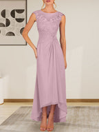 Vestido de gasa con encaje y escote redondo en forma de A color champán