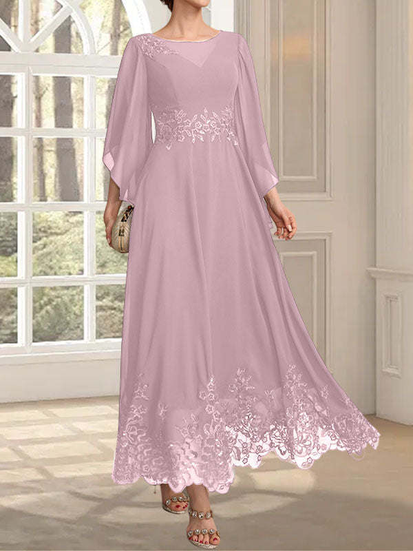 Vestido de gasa con encaje y lentejuelas para madre de la novia, corte A, escote ilusión, largo hasta los tobillos