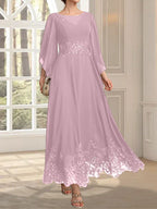 Vestido de gasa con encaje y lentejuelas para madre de la novia, corte A, escote ilusión, largo hasta los tobillos