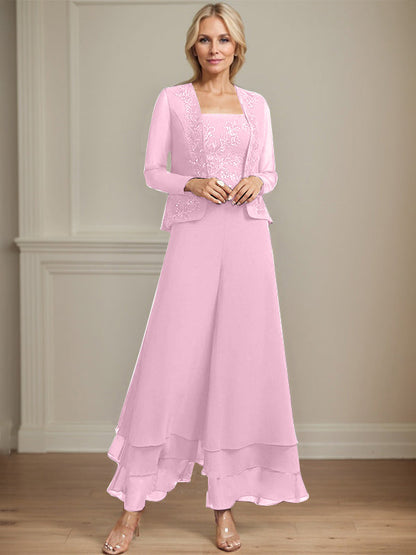 Separates Jumpsuit/Hosenanzug Quadratisches Knöchellanges Spitzenchiffonkleid für die Brautmutter mit Pailletten 