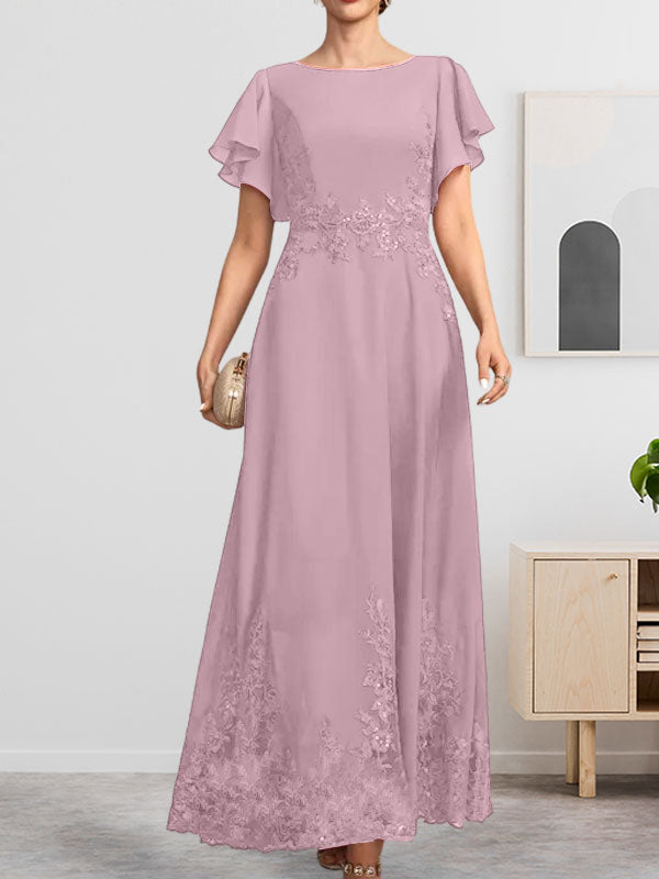 A-Linie U-Ausschnitt Knöchellang Spitzen-Chiffon-Kleid für die Brautmutter mit Pailletten