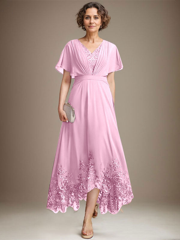 Vestido de madre de la novia de gasa con encaje asimétrico, escote en V y corte A con pliegues