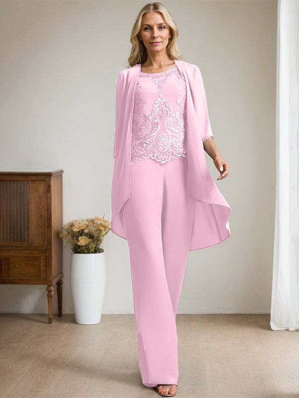 Vestido de madre de la novia de gasa con encaje, escote redondo y lentejuelas y mono/pantalón separado