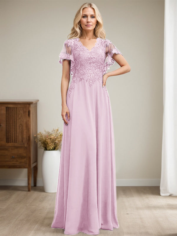 Vestido de madre de la novia de gasa con encaje, escote en V y lentejuelas, largo hasta el suelo
