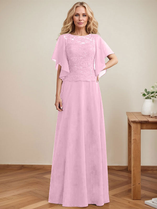 Vestido de gasa con encaje y lentejuelas para madre de la novia, corte A, escote ilusión, largo hasta el suelo