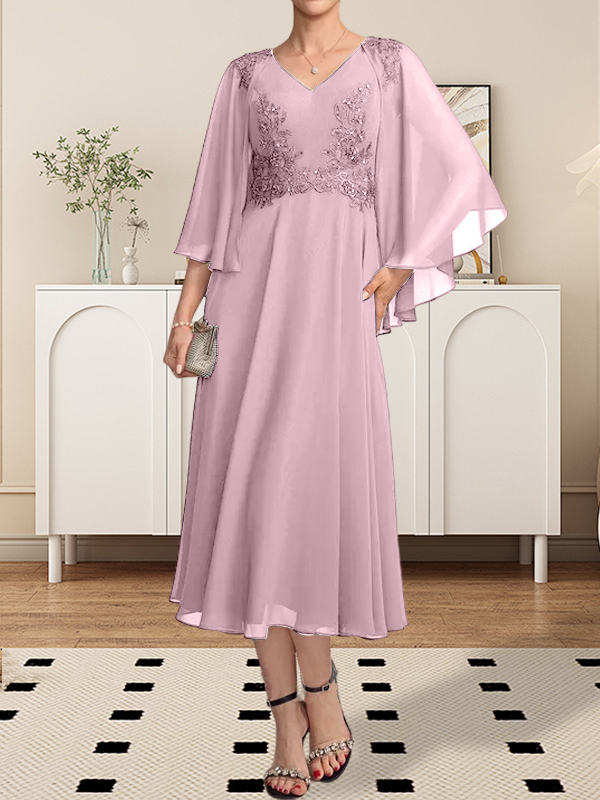 A-Linie V-Ausschnitt Wadenlanges Chiffon-Spitzenkleid für die Brautmutter mit Perlen und Pailletten