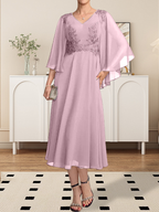 A-Linie V-Ausschnitt Wadenlanges Chiffon-Spitzenkleid für die Brautmutter mit Perlen und Pailletten