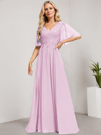 Vestido de madre de la novia de gasa con encaje, escote en V y lentejuelas, largo hasta el suelo