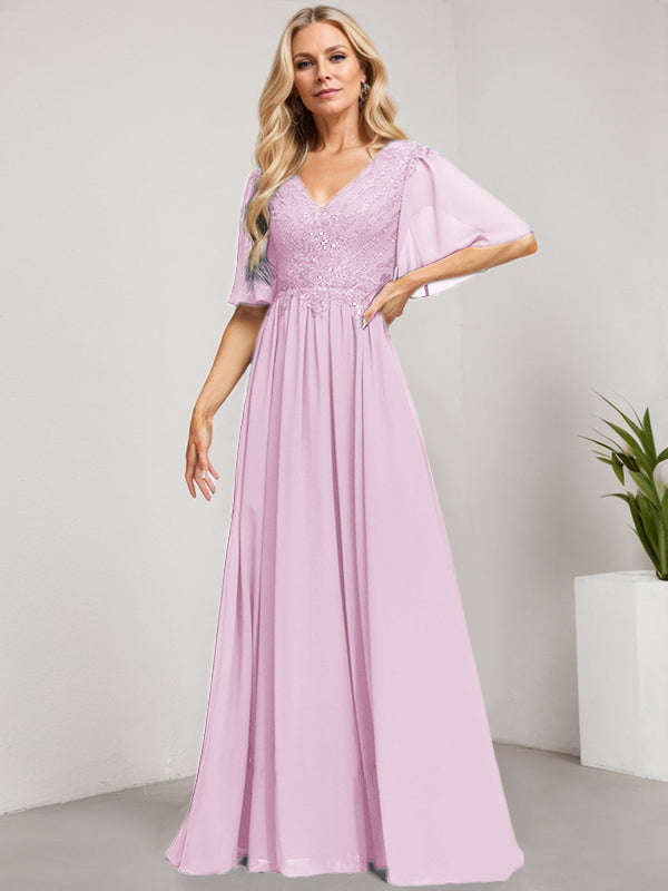 Vestido de madre de la novia de gasa con encaje, escote en V y lentejuelas, largo hasta el suelo