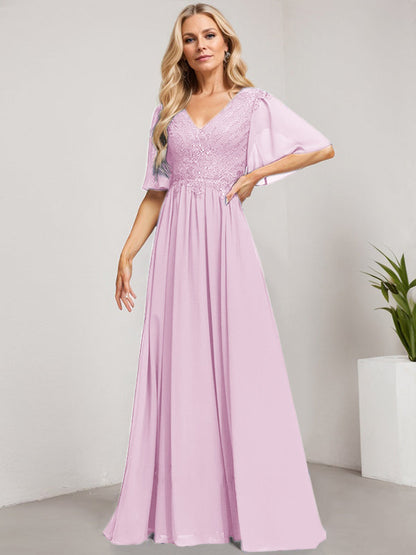 A-line V-Neck Floor-Length Lace Chiffon Mother of the Bride Dress With Sequins