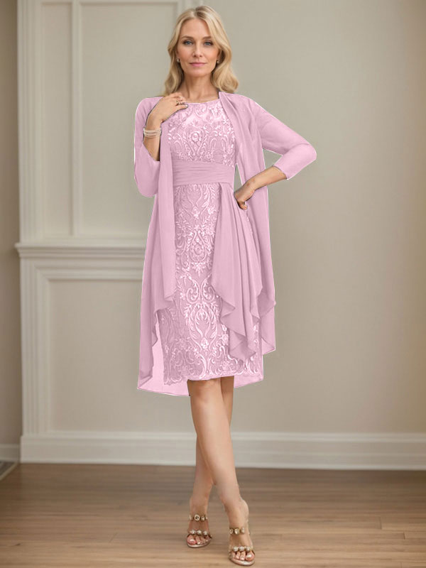 Vestido de madre de la novia de gasa con encaje, escote redondo, ilusión, largo hasta la rodilla, con volantes en cascada y lentejuelas