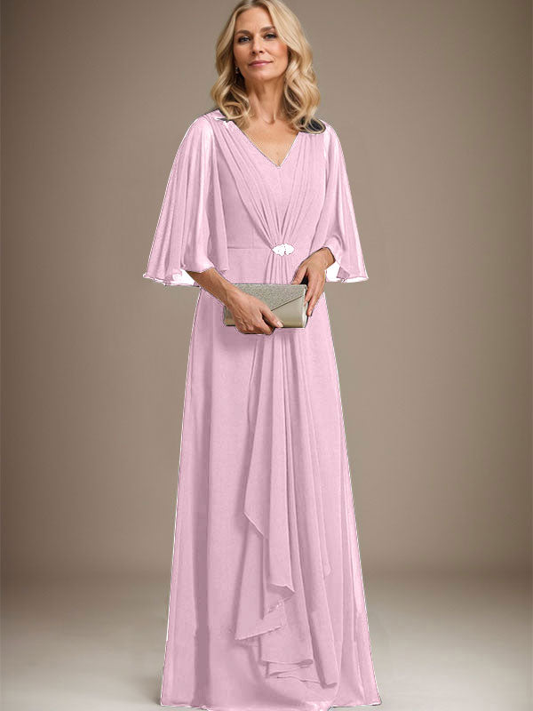 Vestido de gasa para madre de la novia, corte A, escote en V, largo hasta el suelo, con volantes en cascada y broche de cristal