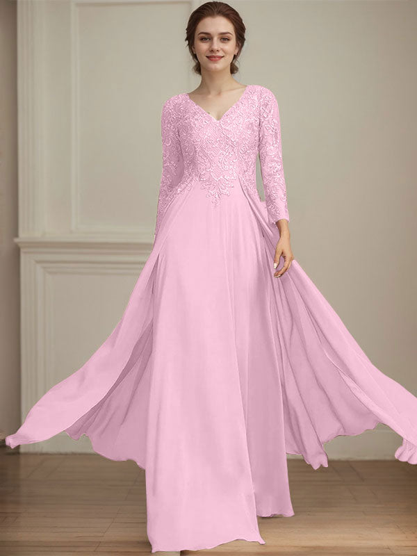 A-Linie V-Ausschnitt Bodenlanges Spitzen-Chiffon-Kleid für die Brautmutter mit Pailletten 