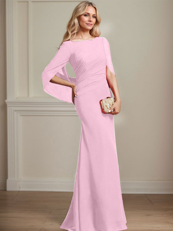 Vestido de madre de la novia de gasa con escote barco, corte trompeta/sirena, largo hasta el suelo, con pliegues