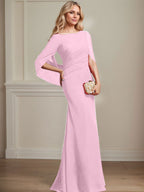 Vestido de madre de la novia de gasa con escote barco, corte trompeta/sirena, largo hasta el suelo, con pliegues