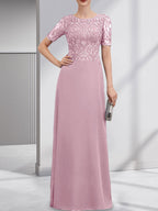 Vestido de gasa con encaje y lentejuelas para madre de la novia, corte A, largo hasta el suelo