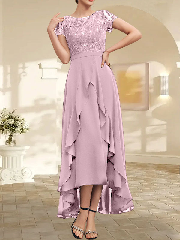 Vestido de madre de la novia de gasa asimétrica con escote en A, ilusión, encaje, lazo, volante y lentejuelas