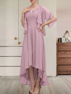 Vestido de gasa asimétrico para madre de la novia con escote en V, corte A y lentejuelas con abalorios