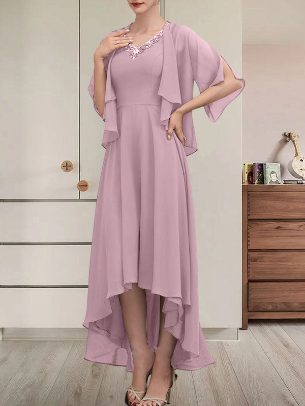A-Linien-Kleid mit V-Ausschnitt, asymmetrischem Chiffon für die Brautmutter mit Perlen und Pailletten