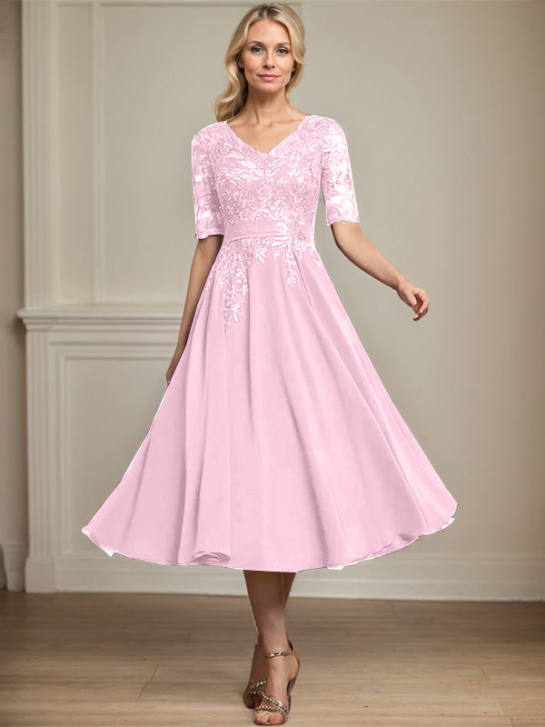Vestido de gasa con encaje y lentejuelas para madre de la novia, corte A, escote en V y largo hasta la rodilla