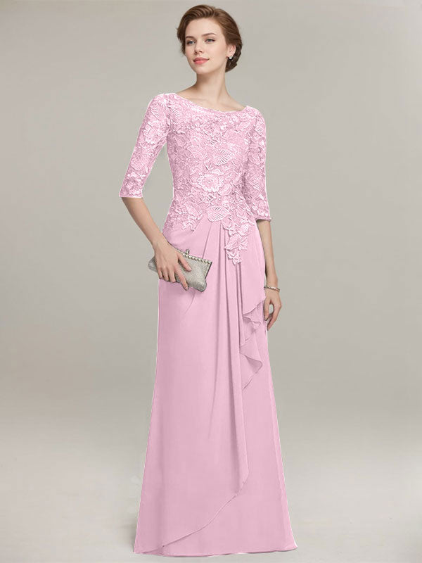 Vestido de gasa con encaje, corte A, escote ilusión, largo hasta el suelo, para madre de la novia con volantes en cascada