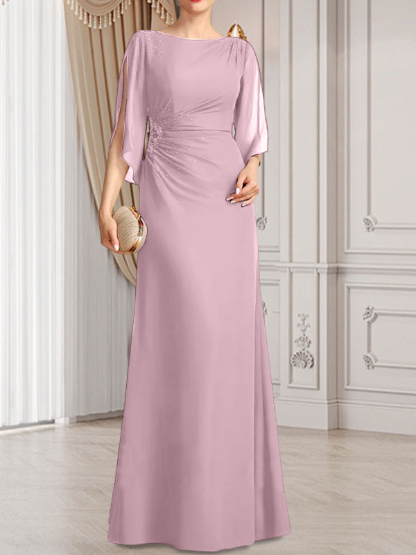 Vestido de gasa para madre de la novia con corte tubo/columna, escote redondo y largo hasta el suelo, con cuentas plisadas