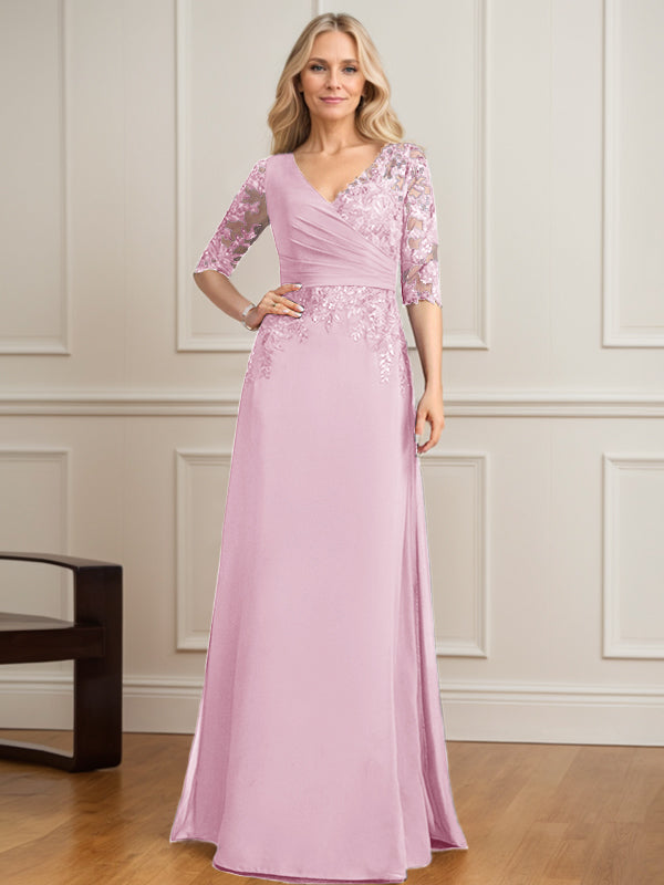 Vestido de madre de la novia de gasa con encaje, escote en V y lentejuelas plisadas hasta el suelo