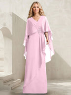 Vestido de gasa para madre de la novia con escote en V, corte A y largo hasta el suelo, con volantes en cascada y cuentas