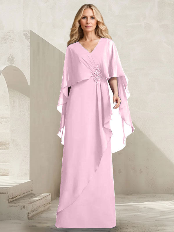 Vestido de gasa para madre de la novia con escote en V, corte A y largo hasta el suelo, con volantes en cascada y cuentas