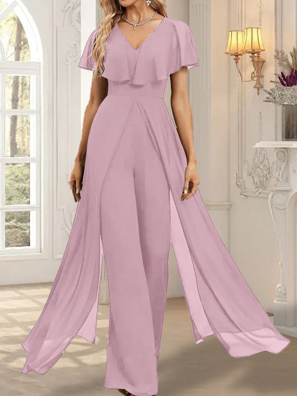 Vestido de noche de gasa con escote en V y largo hasta el suelo, tipo mono/pantalón