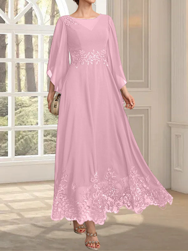 Vestido de gasa con encaje y lentejuelas para madre de la novia, corte A, escote ilusión, largo hasta los tobillos