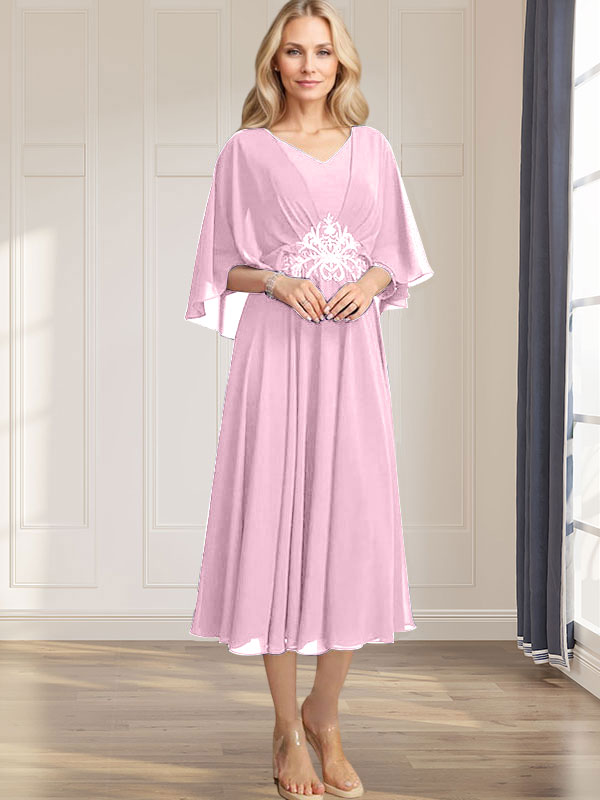 A-Linie V-Ausschnitt Wadenlanges Chiffonkleid für die Brautmutter mit plissierten Paillettenapplikationen Spitzenbesatz 