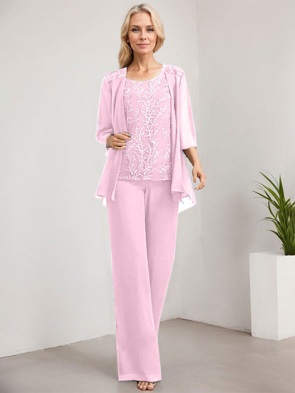 Vestido de madre de la novia de gasa con encaje, largo hasta el suelo, con lentejuelas y mono/pantalón separado