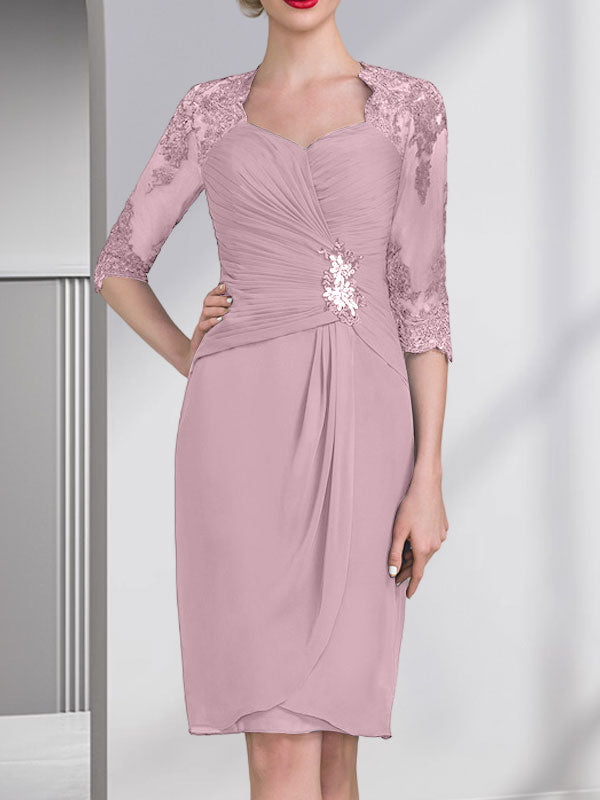 Vestido de gasa para madre de la novia con escote corazón, largo hasta la rodilla, con apliques de cuentas, encaje y lentejuelas plisado.