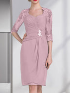 Vestido de gasa para madre de la novia con escote corazón, largo hasta la rodilla, con apliques de cuentas, encaje y lentejuelas plisado.