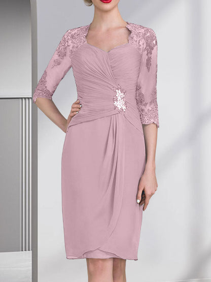 Sheath/Column Sweetheart Knee-Length Chiffon Mother of the Bride Dress With Beading Appliques Lace Sequins Pleated